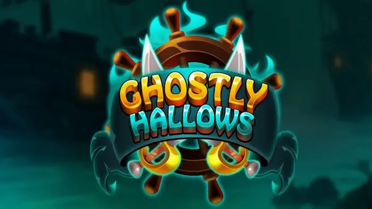 Tampilan visual game slot Ghostly Hallows dengan tema kapal hantu dan bajak laut kerangka.