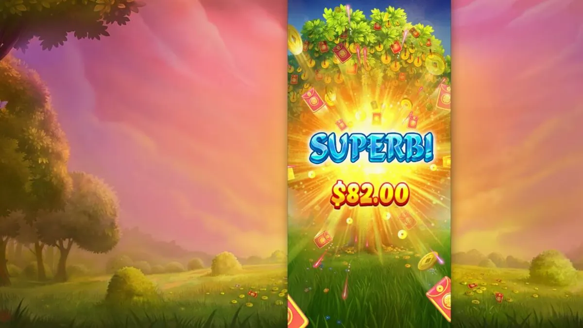 Pemandangan indah Lucky Fortune Tree dengan simbol koin emas dan lentera merah